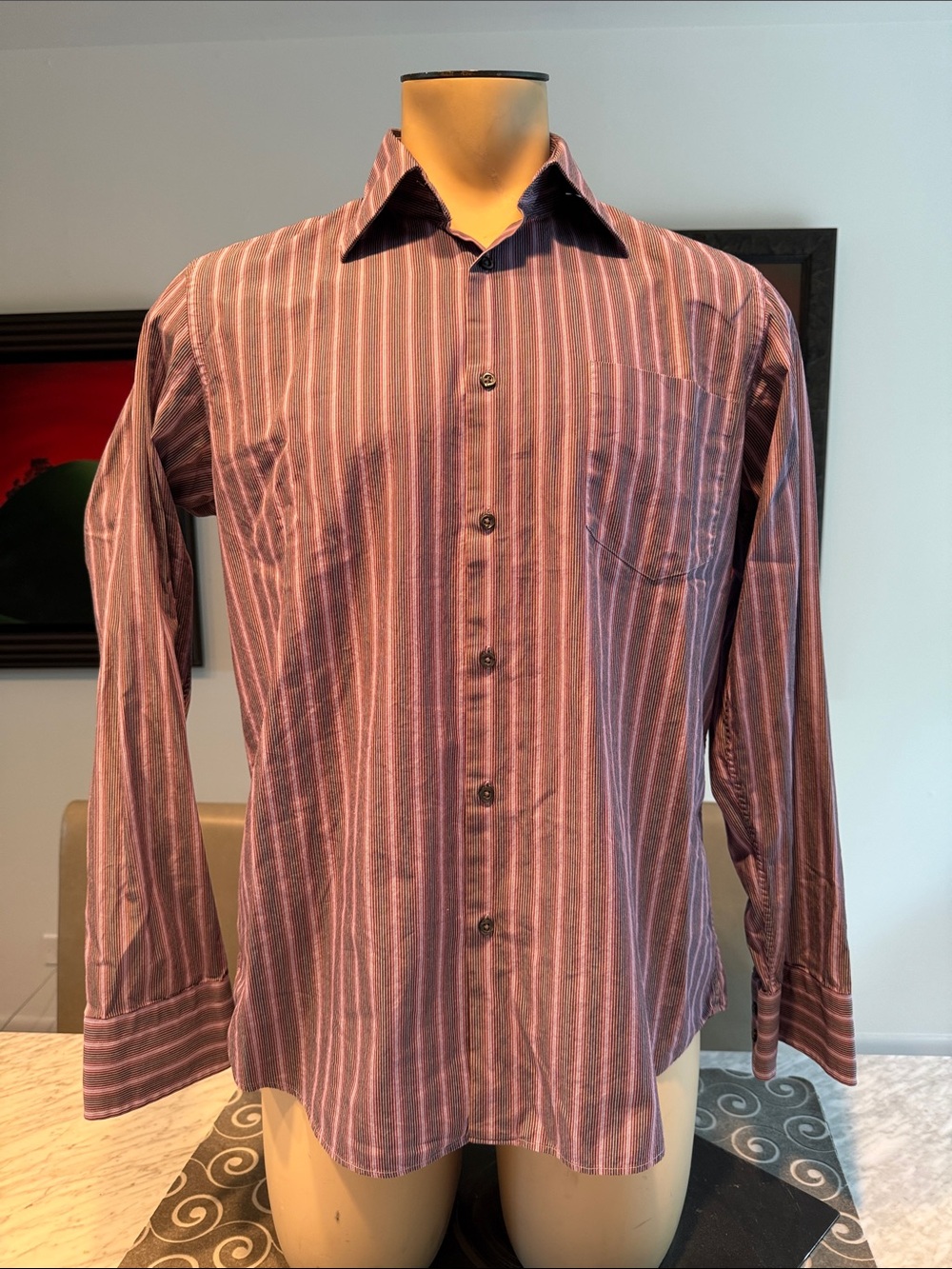 B44 Boss Hugo Boss Men's 16.5/34,35 Pink and Purple Striped Dress Shirt